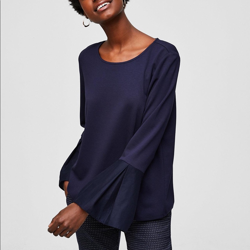 LOFT Mixed Media Bell Cuff Long Sleeve Top in navy